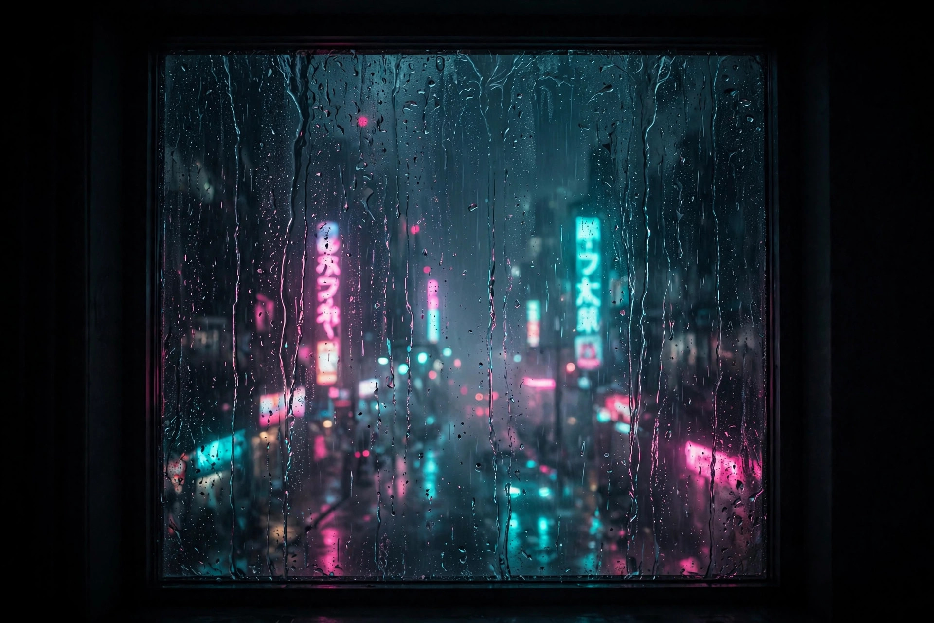 Rain streaming down a dark window, the neon of the city blurred beyond the glass — the view from Kade's desk