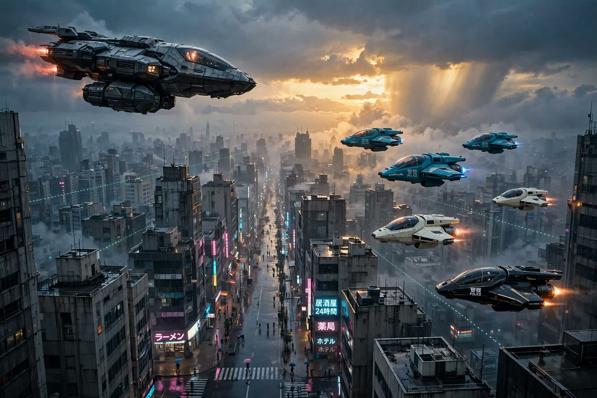 Tarvis from above at dusk — a heavy freighter holding station over the avenue, spinner traffic streaming away toward the horizon